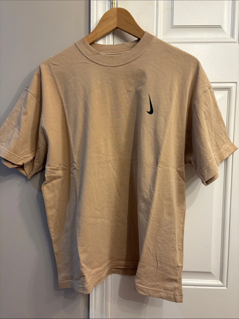 Nike x Billie Ellish Men's Beige Short-Sleeve Tee with Black Swoosh